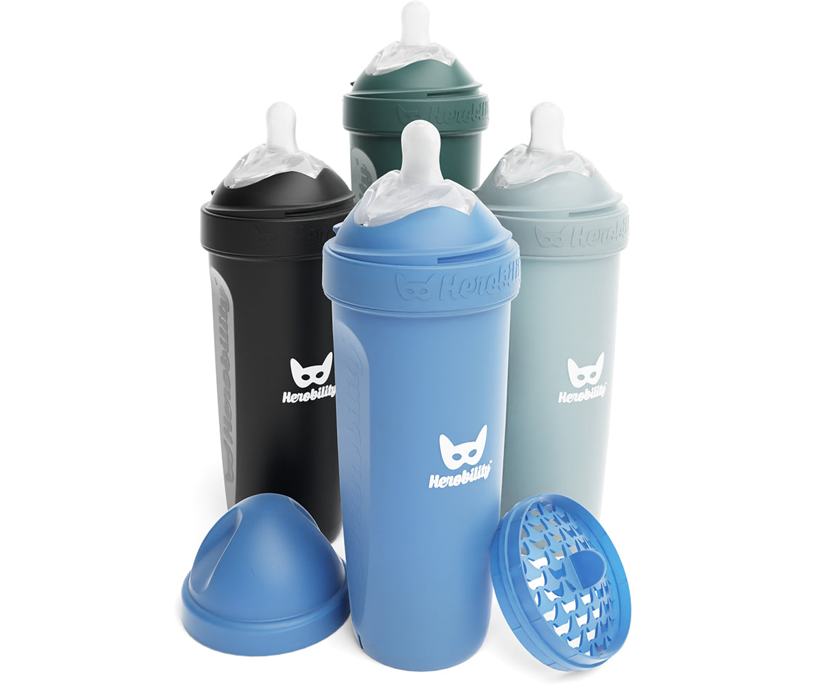4-pack Nappflaskor 340 ml - Denim Blue, Svart, Dusky Green och Grå