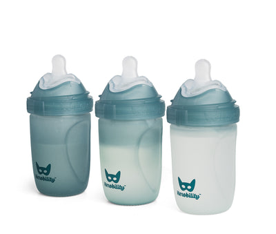 3-pack Nappflaskor i glas 220 ml, värmeindikerande med silikonhölje, Teal