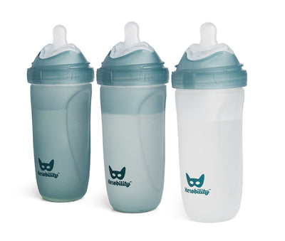 3-pack Nappflaskor i glas 320 ml, värmeindikerande med silikonhölje, Teal